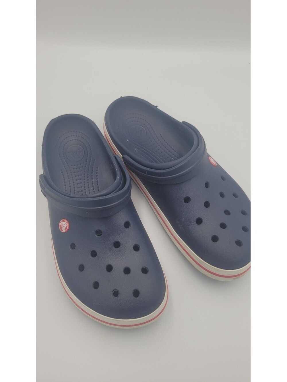 Navy Blue Crocs Classic Clogs with Red and White Trim, Size 9-10